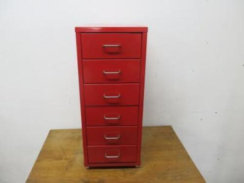 Red Metal 6 Drawer Cabinet on Castors, Size H69cm x W28cm x D45cm.