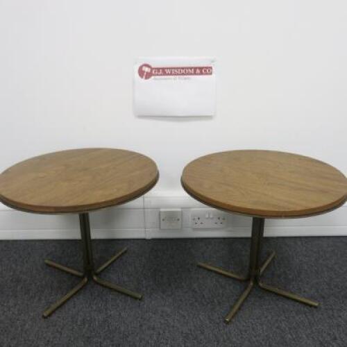 Pair of Circular Coffee Tables with Heavy Duty Brass Coloured Metal Base and Wooden Top. Size (H) 40cm x (Dia) 50cm