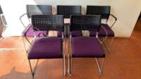 5 x Polypropylene Stacking Chair on Metal Frame with Purple Upholstered Seat. Size H77cm x W52cm