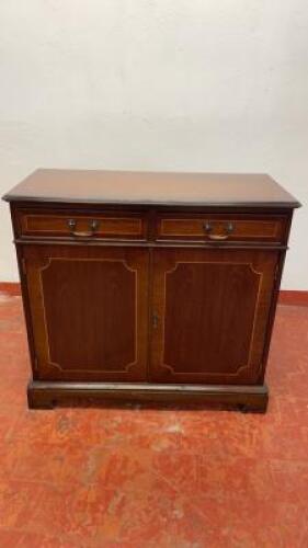 Dark Wood 2 Door 2 Drawer Cabinet, with Key. Size H84cm x W91cm x D41cm.