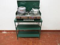 Lot of Camping Equipment to Include: 1 x Parker 2 Burner & Grill Gas Camping Stove with Connector & Manual,1 x Camping Table with Shelves, 1 x Kettle & 1 x Cookware Mess Kit.No Vat on Lot.