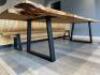 Solid Oak Top Table on Black Metal Legs with Resin in Fill & Matching Wooden Oak Benches. Table Size H75 x W300 x D100cm. Bench Size H43 x W285 x D29cm. - 10