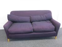 PINCH Boyd 2 Seater Sofa in Purple Patterned Fabric with Oak Leg, Feather & Down Cushions.