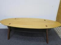 Surf Board Shape Coffee Table. Light Oak Top with Dark Oak Legs & Dark Grey Painted Shelf Under. H37cm x W130cm x D50cm.
