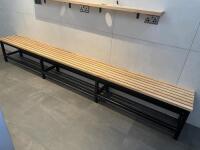 Very Large Solid Wooden Slated Bench on Black Heavy Duty Metal Base. Size H46 x W320 x D37cm.