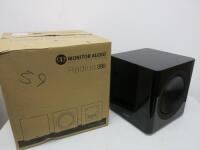 Monitor Audio Radius 390 Subwoofer Speaker in Black, S/N V2ML390A2790. Comes in Original Box.
