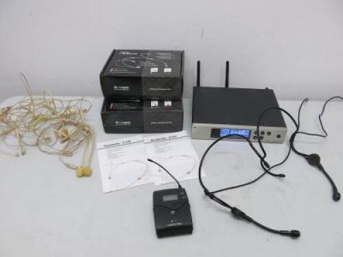 Sennheiser True Diversity Receiver, Model, EM100G4 with Sennheiser Bodypack Transmitter, Model BSK100G4, 1 x Intro CFM 1 FM Microphone Cord, 2 x ME 3-II Headsets & Comes with 3 x The T. Bone Headmike-D EW.