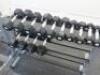 31 x Bodymax Dumbbell Training Weights to Include: 2 x 15kg, 3 x 10kg, 8 x 8kg , 4 x 5kg, 8 x 4kg, 2 x 3kg, 2 x 2kg, 2 x kg1. Comes with 3 Body Solid Racks. - 3