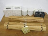 Quantity of Bathroom Ware Accessories to Include: 2 x Mother of Pearl Effect Tissue Box Covers, 2 x Marble Pots with Lids, 4 x Tumblers & 2 Kronorg Marieberg 50 x 80cm Roll Out Bathroom Mat.