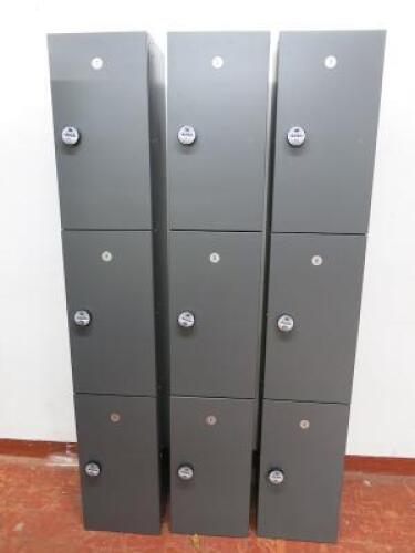 3 Banks of Probe 3 Door Coded Lockers in Dark Grey.