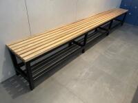 Large Solid Wooden Slated Bench on Black Heavy Duty Metal Base. Size H46 x W270 x D37cm.
