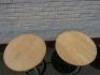 Pair of Oak Top Circular Tables on Heavy Cast Iron Industrial Wheel Base. Size H76cm x Dia 70cm. - 4