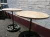 Pair of Oak Top Circular Tables on Heavy Cast Iron Industrial Wheel Base. Size H76cm x Dia 70cm. - 5