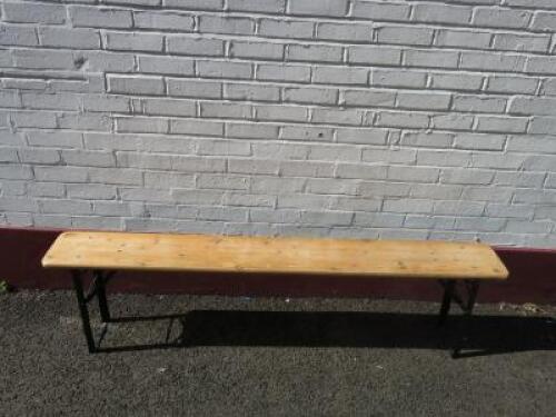 Bierkeller Style Wooden Topped Bench on Folding Green Metal Legs. Size H47cm x W176cm x D23cm. 