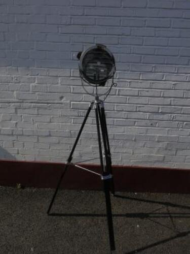 Tripod Spotlight Floor Lamp in Chrome on Black Wooden Height Adjustable Legs, 28 Watt Light.