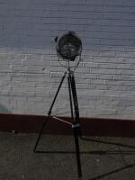 Tripod Spotlight Floor Lamp in Chrome on Black Wooden Height Adjustable Legs, 28 Watt Light.