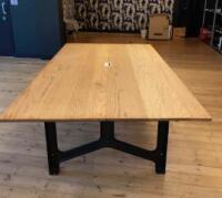 Solid Oak 2 Piece Board Room Table on Acrow Walden Cast Iron Machine Table Base. Size H75cm x W260cm x D140cm. 