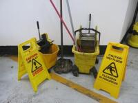 Assorted Quantity of Cleaning Equipment to Include: 1 x Mop & Bucket, 2 x SIR Floor Mop Buckets & 2 x Caution Wet Floor Signs.