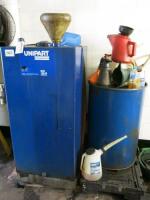 Unipart 567 Litre Bunded Tank, Blue 15W-40 Motor Oil (Used 3/4) with Additional Drum on Mobile Pallets with Assorted Jugs & Pourers (As Viewed).