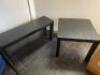 3 x Blue Hopsack Stacking Chairs & 2 x Black Wood Side Tables. - 3