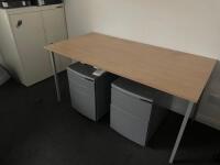 Office Furniture to Include: 2 x Desks (Size H74 x W150 x D76cm) 2 x Grey Metal 3 Door Mobile Pedestals, 2 Door White Metal Cupboard with Key (Size H103 x W80 x D48cm).