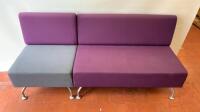 2 x Orangebox 2 Piece Perimeter 3 Seater Sofas in Purple & Grey Upholstery on Metal Legs. Size H83cm x W182cm x D65cm. NOTE: 1 leg requires attention.