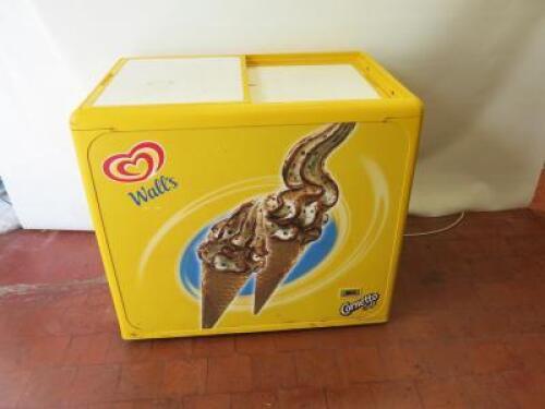 Walls Retail Ice Cream Freezer with Sliding Top Doors & Castors. Size H90cm x W100cm x D65cm.