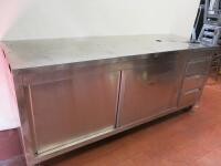 Stainless Steel Mobile Prep Table with 3 Drawers & 2 Sliding Doors with 1 Shelf Under. Size H87cm x W200cm x D70cm.