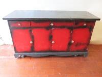 Mobile Hand Painted Coffee Counter on Castors, with 3 Drawers & 3 Doors Under, Size H90cm x W150cm x D60cm. Comes with Electrical Connector (As Viewed/Pictured).