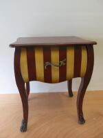 Side Table In Red with Yellow Stripes with Claw Feet & Brass Handle. Size H63cm x W51cm x D40cm.