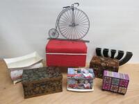 8 x Items of Assorted Furnishings to Include: 4 x Chests/Drawers, 1 x Foot Stool, 1 x Candle Holder, 1 x Tin Flower Holder & 1 x Decorative Bike.