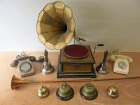 14 x Vintage & Replica Items to Include: 1 x Gramophone Sound Master, 1 x Brass Hunting Horn, 2 x Telephones, 2 x Hand Bells, 4 Reception Bells, 2 x Big Ben Repeater Westclox & 2 x Ornamental Clocks.