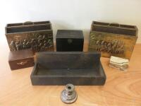 7 x Vintage Items to Include: 2 x Brass Covered Magazine Racks, 3 x Chests, 1 x Tray & 1 x Candlestick Holder.