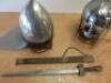 3 x Items of Replica Armour to Include: 2 x Helmets on Wooden Plinths & Sword with Scabbard. - 4