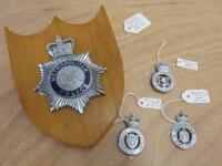 Metropolitan Police Badge on Wooden Shield with 3 Additional Cap Badges to Include: 1 x Brighton, 1 x Cheshire, 1 x Dorset & Bournemouth Constabulary and Police Collar Badge.