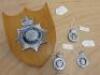 Metropolitan Police Badge on Wooden Shield with 3 Additional Cap Badges to Include: 1 x Brighton, 1 x Cheshire, 1 x Dorset & Bournemouth Constabulary and Police Collar Badge.