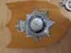 Metropolitan Police Badge on Wooden Shield with 3 Additional Cap Badges to Include: 1 x Brighton, 1 x Cheshire, 1 x Dorset & Bournemouth Constabulary and Police Collar Badge. - 3