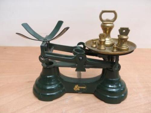 Set of Libraasco Scales with 6 x Brass Weights. Note: missing bowl.