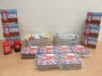 Assorted Quantity of Homeware of Trays, Salt & Pepper Pots & Coasters to Include: 12 x Sets of 4 Cool Britannia Cork Backed Coasters, 11 x Salt Pepper Pots in Red Telephone & Post Box, 31 x Tea Trays.