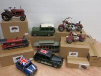 19 x Assorted Lesser & Pavey Ltd Tin Models to Include: 3 x Tractors, 3 x Trains, 3 x Medium Motor Bikes, 2 x Large Motor Bikes, 2 x Land Rover, 2 x Blue Mini's, 1 x Red Mini, 1 x London Taxi & 1 x Tram Carriage (11 x Boxed & 8 x Loose).