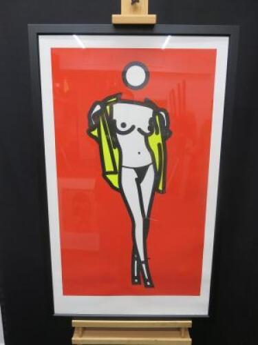 Julian Opie 1958 - 'Woman Taking off a Mans Shirt 5' Colour Screenprint. Framed & Glazed, Size 100 x 60cm.