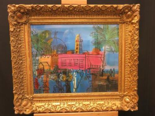 Raoul Dufy 'Quadichrome' Nice Pier & Promenade, 19th Century. Gilt Framed & Glazed. Size 67 x 57.5cm