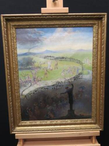 Phyllis M Pulling (British 1892-1949) 'Pastoral Symphony' Oil on Canvas, Signed by Artist. Exhibited at the Royal Institute of Oil Paintings in Gilt Frame.Size 52.5 x 63cm. 