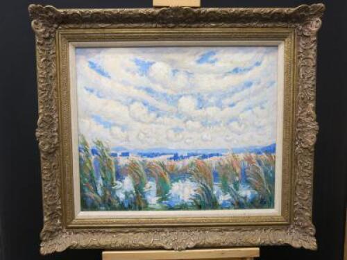 Norman Lloyd 'Pond Reeds Under a Cloudy Sky' Oil on Canvas, Signed by the Artist in Gilt Frame, Size 79 x 69cm.