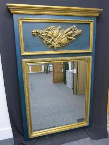 19th Century French Overmantel Gilt & Gesso Mirror with Musical Themed Emblem Over on Blue Background. Size 114 x 172cm.