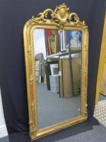 19th Century French Overmantel Mirror, Giltwood & Gesso with Channeled Frame & Scroll with Cabochon Crest Detail. Size 174 x 98cm.