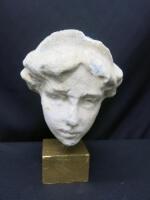 Stone/Granite Female Head on Wood Block Stand. Size (H) 22cm. NOTE: Slight damage to top as pictured.