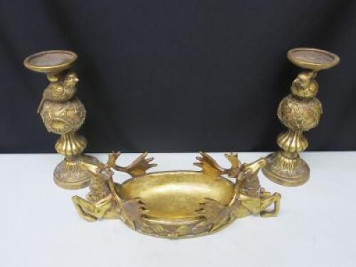 Pair of Gilt Gold Effect Candle Stands & Reindeer Fruit Bowl.