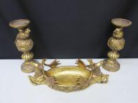 Pair of Gilt Gold Effect Candle Stands & Reindeer Fruit Bowl.