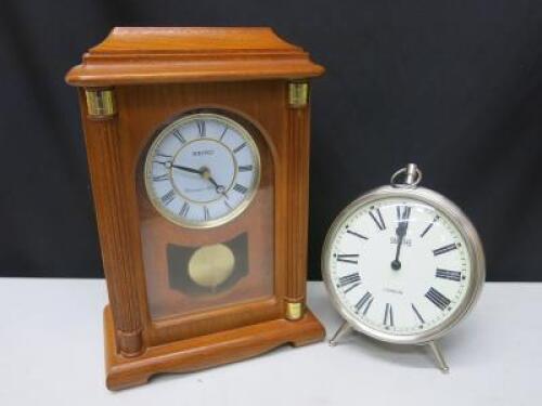 2 x Clocks to Include: Seiko Westminster Whittington Mantel Clock H34cm (NOTE: Missing top finial) & Silver Coloured Smiths Clock.